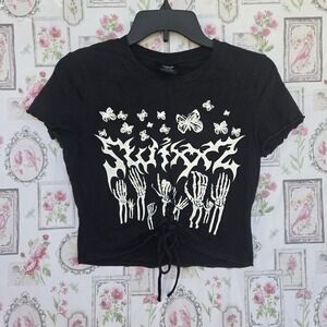 SWIXXZ Stage Dive Black Lace Up Crop Top Tee Skeleton Hands Butterfly Graphic S